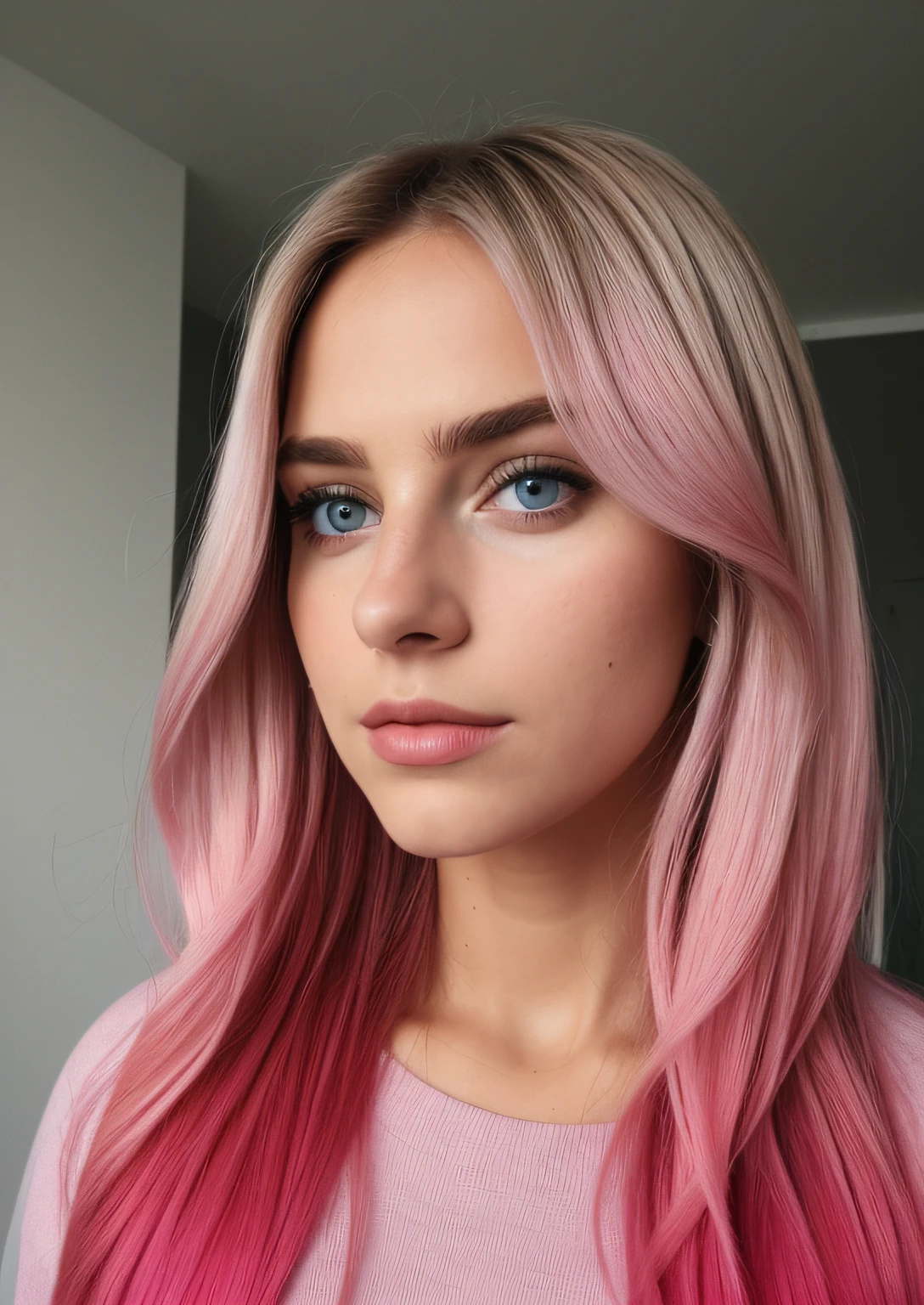 aufgenommen mit der iPhone-Kamera BREAK, halbnahes Selfie einer hübschen jungen Frau BREAK (Ombre:1.3) blond rosa BREAK Filmkorn, mittlere Qualität