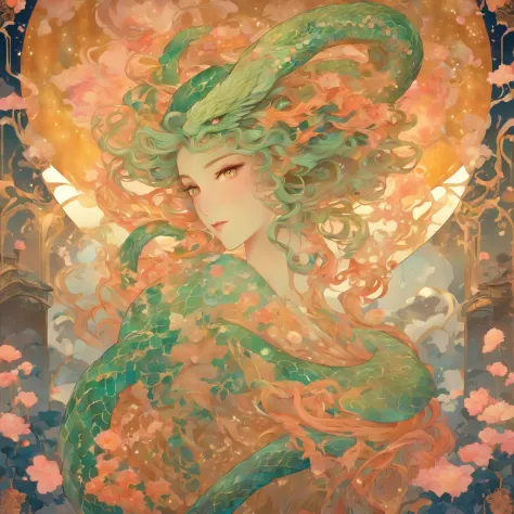 A celestial serpent with tendrils of mist and pearlescent eyes, humanoid, in the style of Art Nouveau, with flowing organic shapes and intricate details