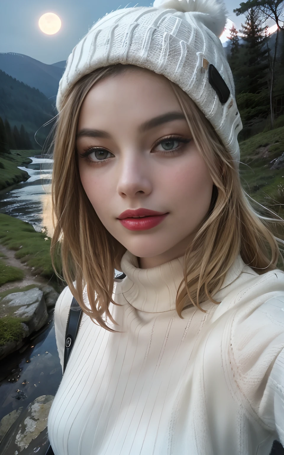 Margot Robbie, photorealistic, best quality, hyper detailed, beautiful woman, selfie photo, upper body, solo, wearing pullover, outdoors, (night), mountains, real life nature, stars, moon, (cheerful, happy), sleeping bag, gloves, sweater, beanie, flashlight, forest, rocks, river, wood, smoke, fog, clear sky, analog style, looking at viewer, skin texture, film grain, close up, ultra high res, best shadow, RAW, instagram LUT