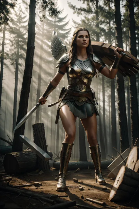 beautiful photo of a Valkyrie, chopping wood, fantasy lighting, photorealistic, ((((extremely detailed)))).