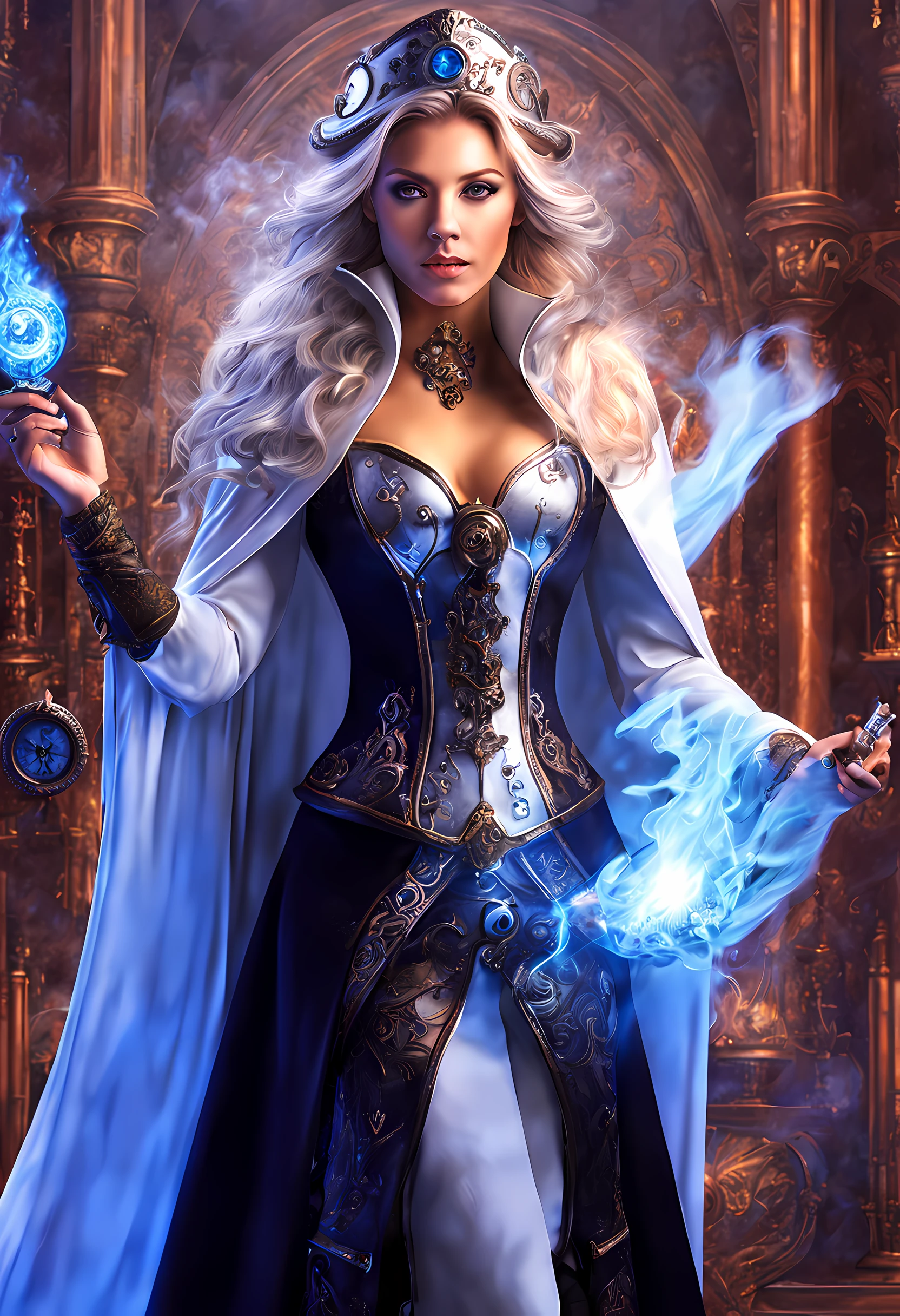 ffantasy art, steampunk art, RPG art, photograph, RAW, , Best Detailed, picture of a woman wizard, standing proudly, manipulating magical blue fire, extremely beautiful woman (best Detailed, Masterpiece, Hyperrealistic: 1.5) blond hair, rich hair, wavy hair, dynamic eyes color, wearing black and white dress, wearing (white cloak: 1.2), wearing (pantyhose: 1.2), wearing high heeled boots, laces boots, make up, steampunk laboratory background, ultra best realistic, best details, best quality, 16k, [ultra detailed], masterpiece, best quality, (extremely detailed), ultra wide shot, photorealism, depth of field, hyper realistic painting, GlowingRunes_purple, blue fire