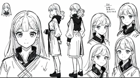 ((masterpiece)),(((best quality))),((((sketch)))),((monochrome)),(character design sheet), same character, front, side, back), illustration, 1 girl, hair color, bangs, hairstyle fax, eyes, environment change scene, Hairstyle Fax, Pose Zitai, Female, Shirt ...