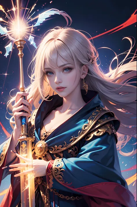 A teenage girl with long black hair, clad in a flowing blue robe, and a  distant gaze. (Fantasy art style: 1.2), (magical and enchanting atmosphere:  1.3), (glowing elements: 1.1) - SeaArt AI