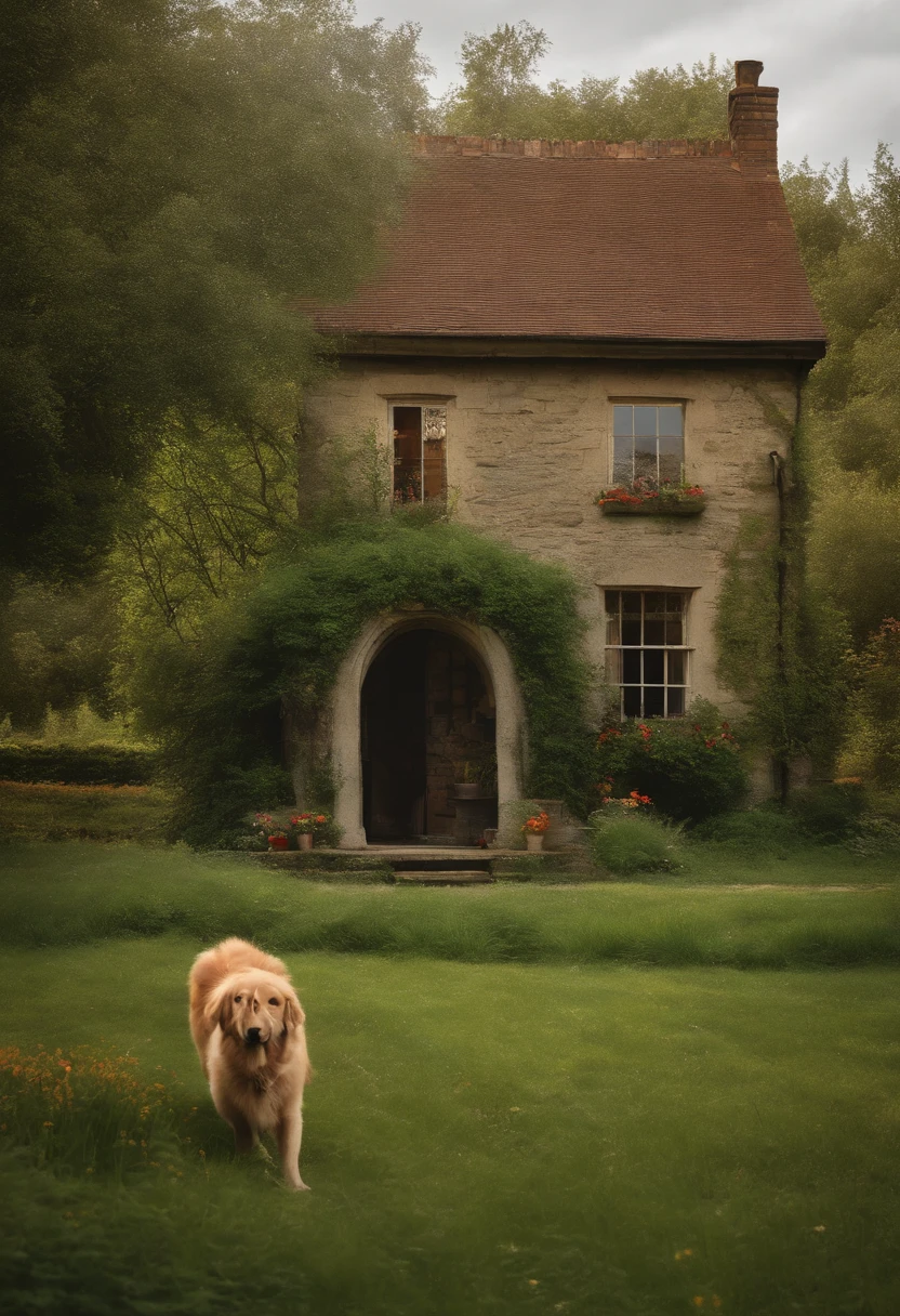 Painting of stone cottage in a field, a silhouet of a men and woman sitting on a bench nearby, a dog playing. In the background you see Some trees and the sun going under, bright colors, makes you feel happy when you see the painting