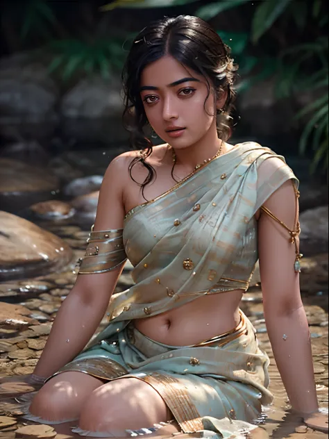 Close up portrait of Rashmika Mandanna  bathing naked in a crystal clear river, reeds, (backlighting), realistic, masterpiece, highest quality, lens flare, shade, bloom, [[chromatic aberration]], by Jeremy Lipking, by Antonio J. Manzanedo, digital painting...
