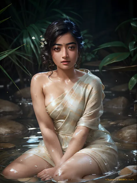 Close up portrait of Rashmika Mandanna  bathing naked in a crystal clear river, reeds, (backlighting), realistic, masterpiece, highest quality, lens flare, shade, bloom, [[chromatic aberration]], by Jeremy Lipking, by Antonio J. Manzanedo, digital painting...