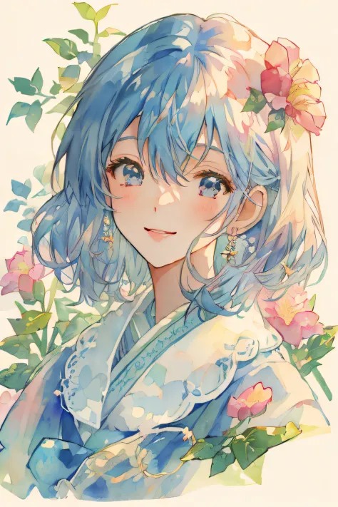 (High quality, 8K), watercolor paiting, Simple Blue Dress, Woman with flowers and blue dress in hair, beautiful anime artwork, B...
