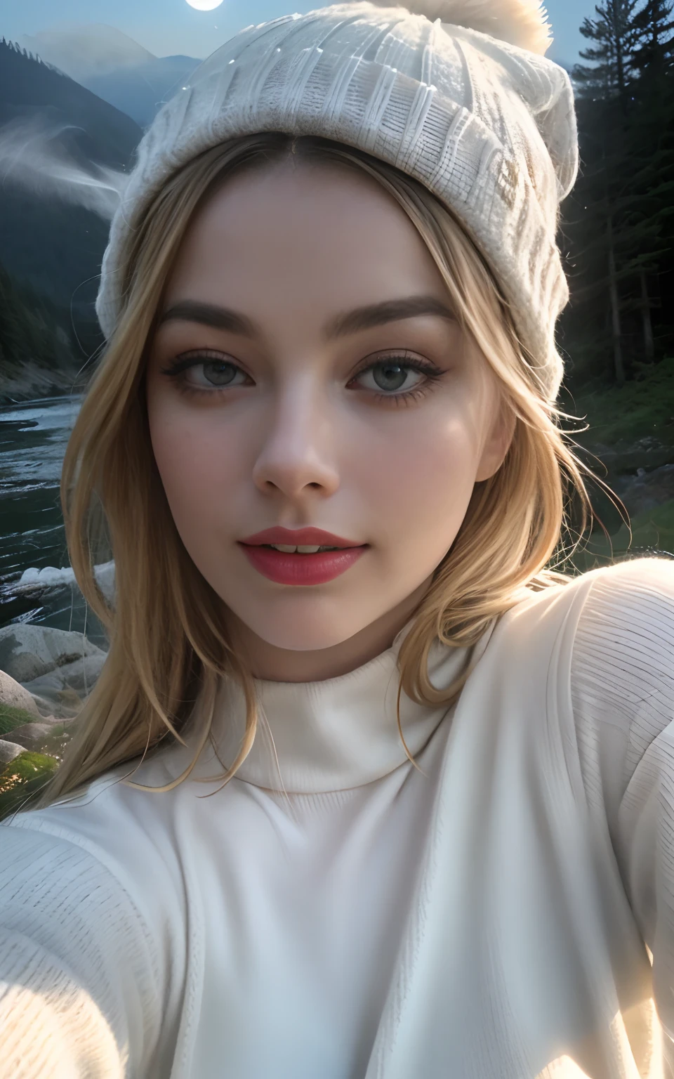 Margot Robbie, photorealistic, best quality, hyper detailed, beautiful woman, selfie photo, upper body, solo, wearing pullover, outdoors, (night), mountains, real life nature, stars, moon, (cheerful, happy), sleeping bag, gloves, sweater, beanie, flashlight, forest, rocks, river, wood, smoke, fog, clear sky, analog style, looking at viewer, skin texture, film grain, close up, ultra high res, best shadow, RAW, instagram LUT