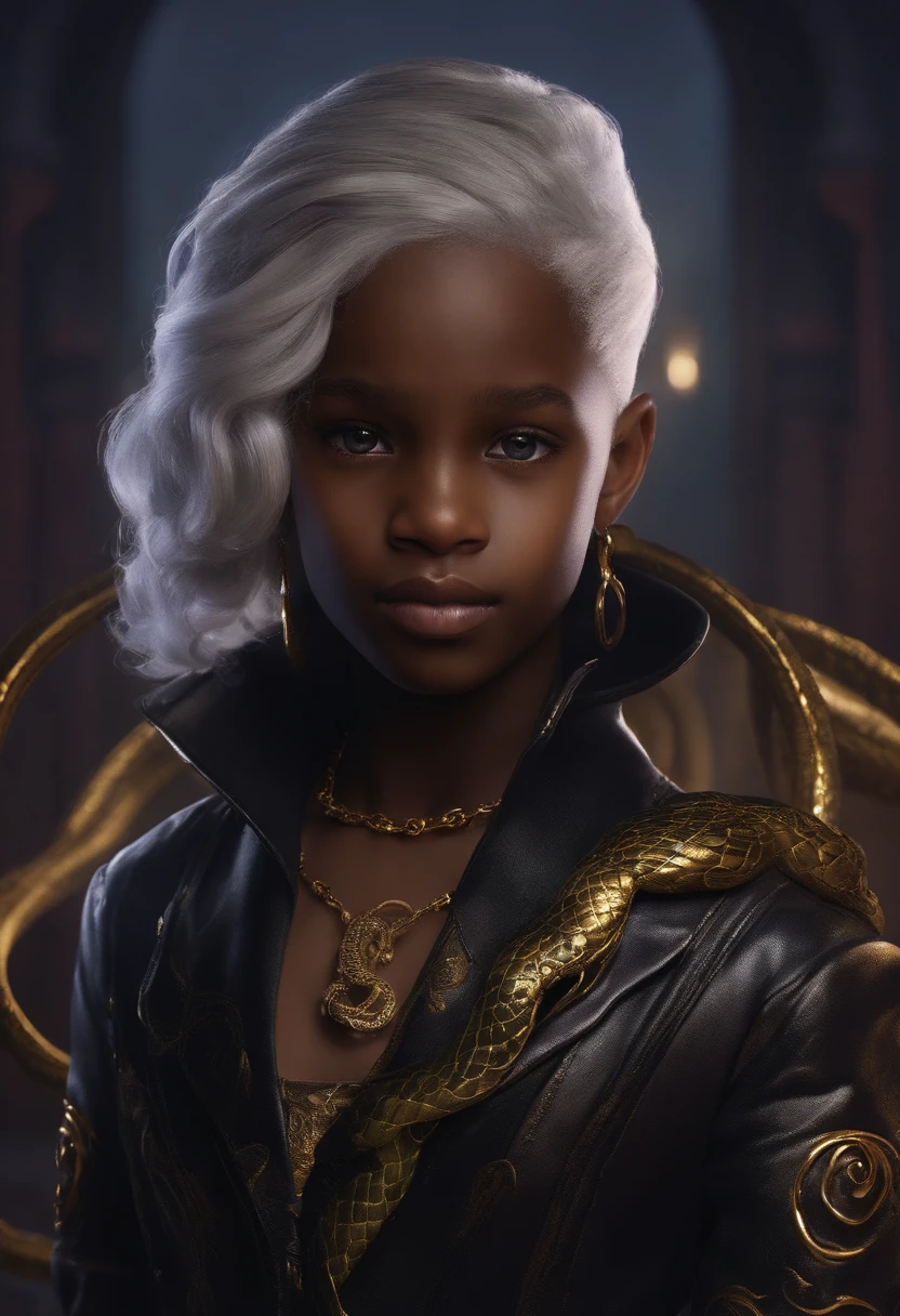 A preteen with a leash of straight white hair, dark skin, Latin ancestry, purple irises, wearing a black tatical suit with golden threads and wearing golden earrings shaped like snakes. Detailed eyes, detailed face, intricate grunge outfits, cinematic lighting, realistic concept art of strong backlighting.