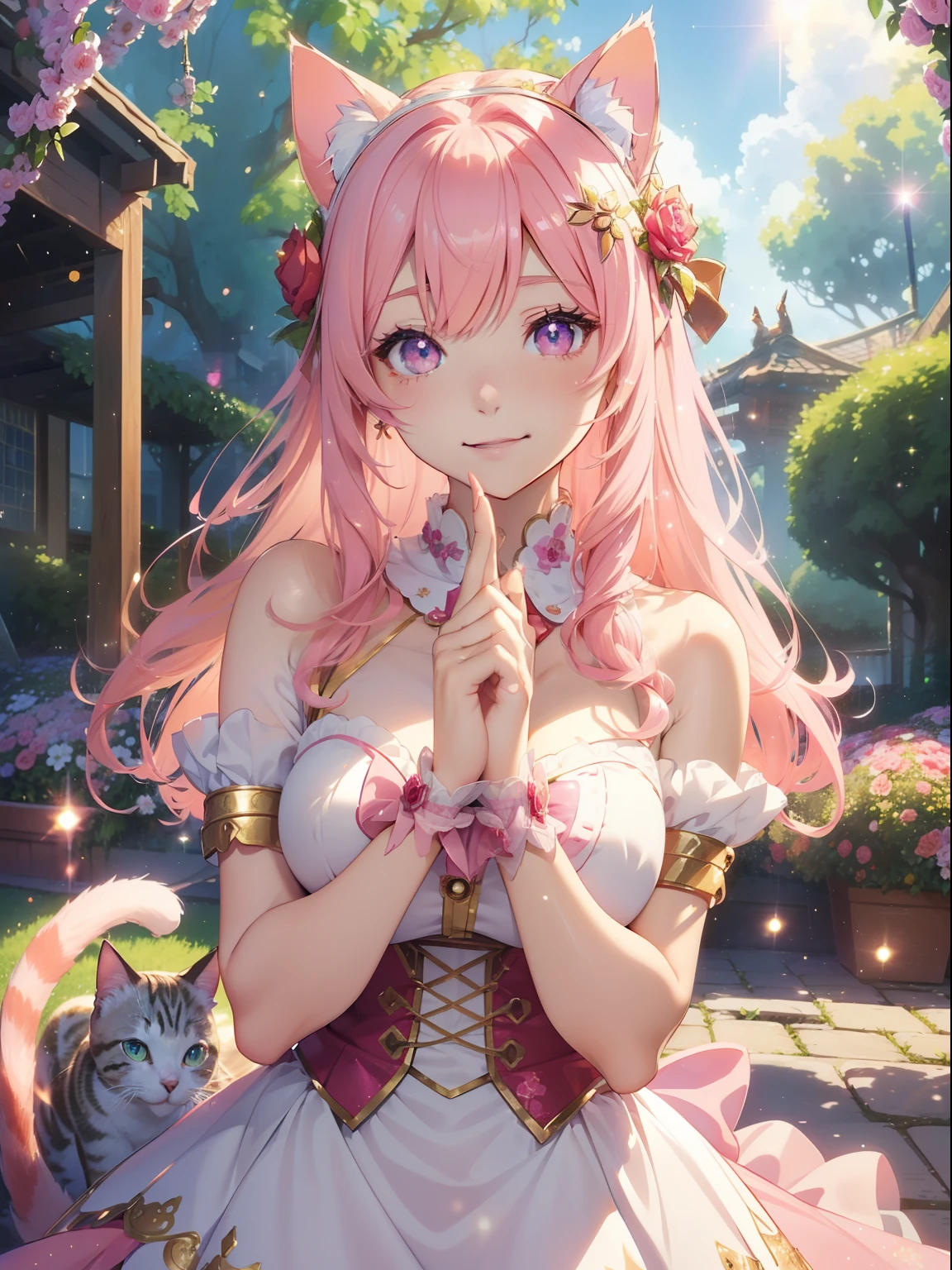 masutepiece, High resolution, 8k, anime woman, Delicate and detailed writing 、Detailed digital illustration、Very long hair and shiny、bangs、a very beautiful woman、Eyes are double, Large, Bust is D cup、High image quality, High quality、Detailed background、(((Wearing idol clothes)))、((Colorful flower garden、Very beautiful background of clouds and rainbow in the sky))、(The inside of the eye shines like a diamond、Light pink hair、Gradient pupil、(((2 arms、4 fingers, 1 thumb)))、Detailed female face、Very beautiful and cute woman、、Detailed background、​masterpiece、Soft Focus , Bright gradient watercolor , Lens Flare , (((glitter))) , Glow , Dreamy ,idol、Pink ribbon、Very beautiful red rose hair accessories、Pink and gold outfit、White is the main costume、((Full smile))、((Macro for the eyes))、(((cat ear、cat costume)))、((Cat Pose)))