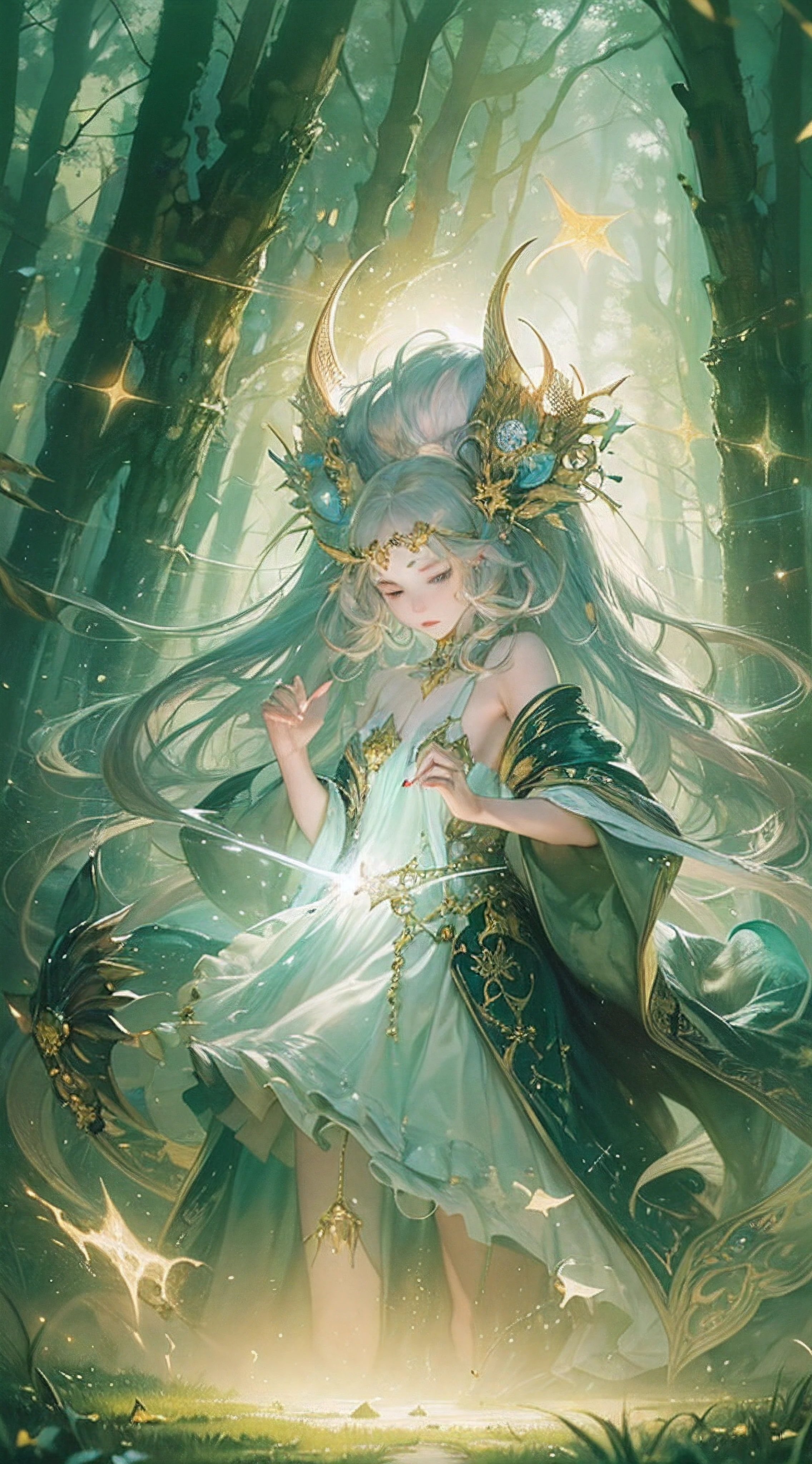 A woman in a white dress and a crown standing in a forest - SeaArt AI