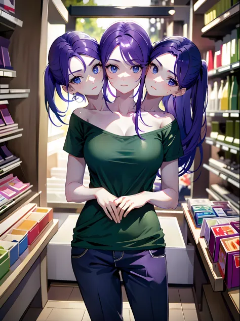 (masterpiece, best quality), best resolution, (3heads:1.5), 1girl, purple hair, blue eyes, different facial expressions, contemp...