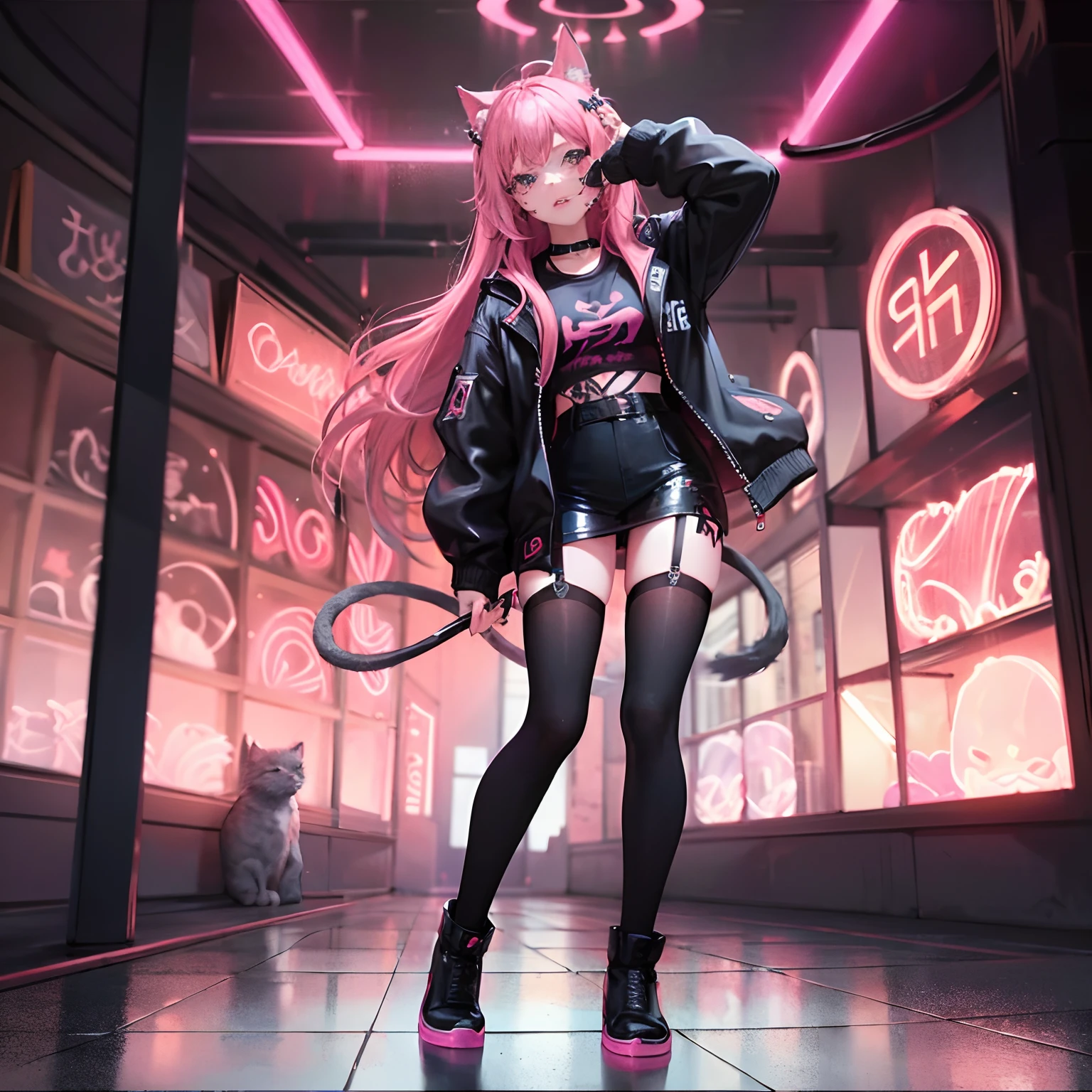 (Best Quality, Masterpiece: 1.1), (Fidelity: 1.4), 1 girl, catgirl, cat ears and tail, full body, long hlfcol haired girl with black and pink hair, night club, black and pink punk style clothes, lip and nose piercings, tattoos, cinematic lighting, raytracing, bloom,