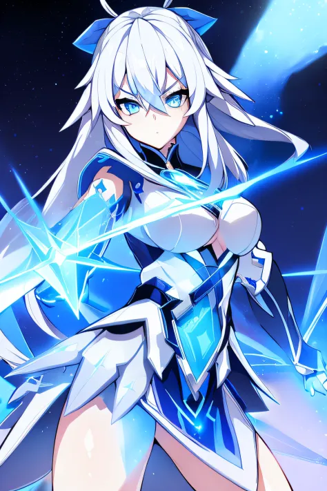 1girl, blue eyes, long white hair, hero, heroic, holding a sward, blue short dress, thunder, lightning, thunderstyle electricity...