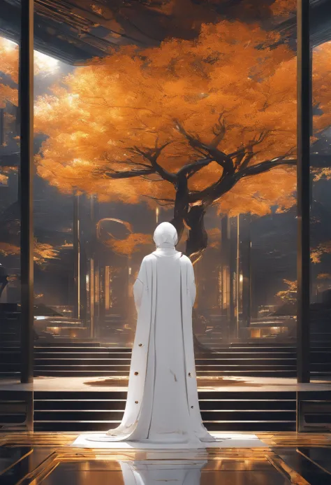 golden autumn，A high monk，Wearing a long gray monk's robe，Meditate in the temple lobby，Tall ginkgo tree outside the lobby，Golden leaves all over the ground，The incense burner outside the lobby smoked，k hd，8K,hentail realism，Faraway view，Flat viewing angle，...