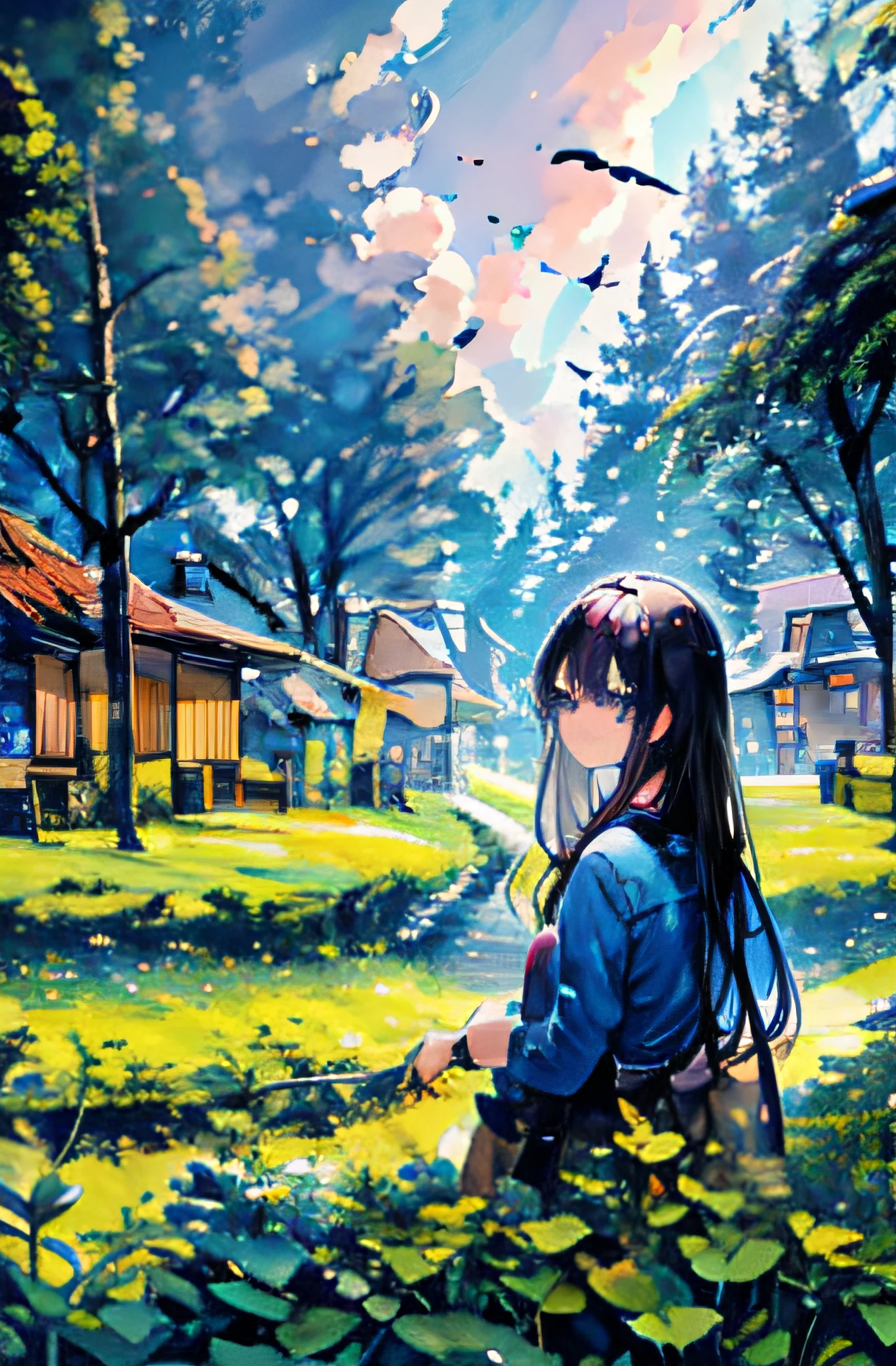 1girl, long black hair, blue glowing particles in hair, bright hair, blue eyes, wearing plain pink shirt, denim shorts, fear face, village, big black cloud, giant black cloud, people around, bug trunk trees, grass, butterfly, flowers, absurdres, high res, ultrasharp, 8K, masterpiece, looking at viewer,