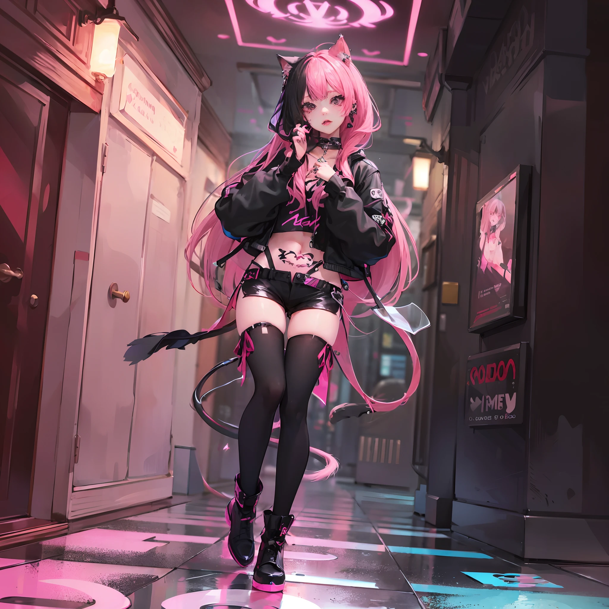 (Best Quality, Masterpiece: 1.1), (Fidelity: 1.4), 1catgirl, cat ears and tail, full body, long hlfcol haired girl with black and pink hair, night club, black and pink punk style clothes, lip and nose piercings, tattoos, cinematic lighting, raytracing, bloom,