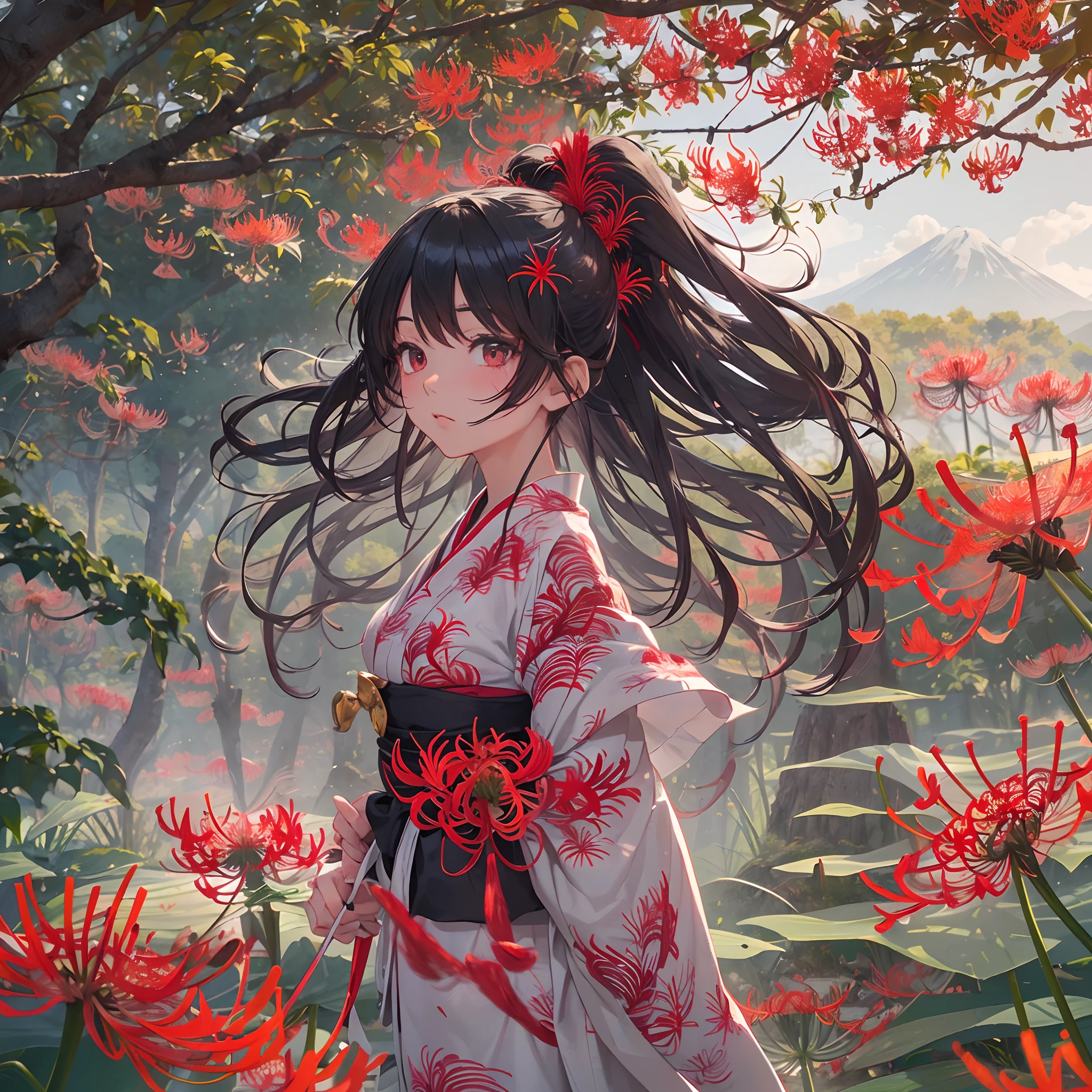 (Best Quality, masutepiece),(1girl in, shrine maiden, Black eye, view front ,Black hair, Walking, Upper body), Labyrinth of the Night, Huge old tree behind, (Bright red spider lily on the background:1.5), Shrine behind, mountain background, Blowing wind, Meteor clouds
