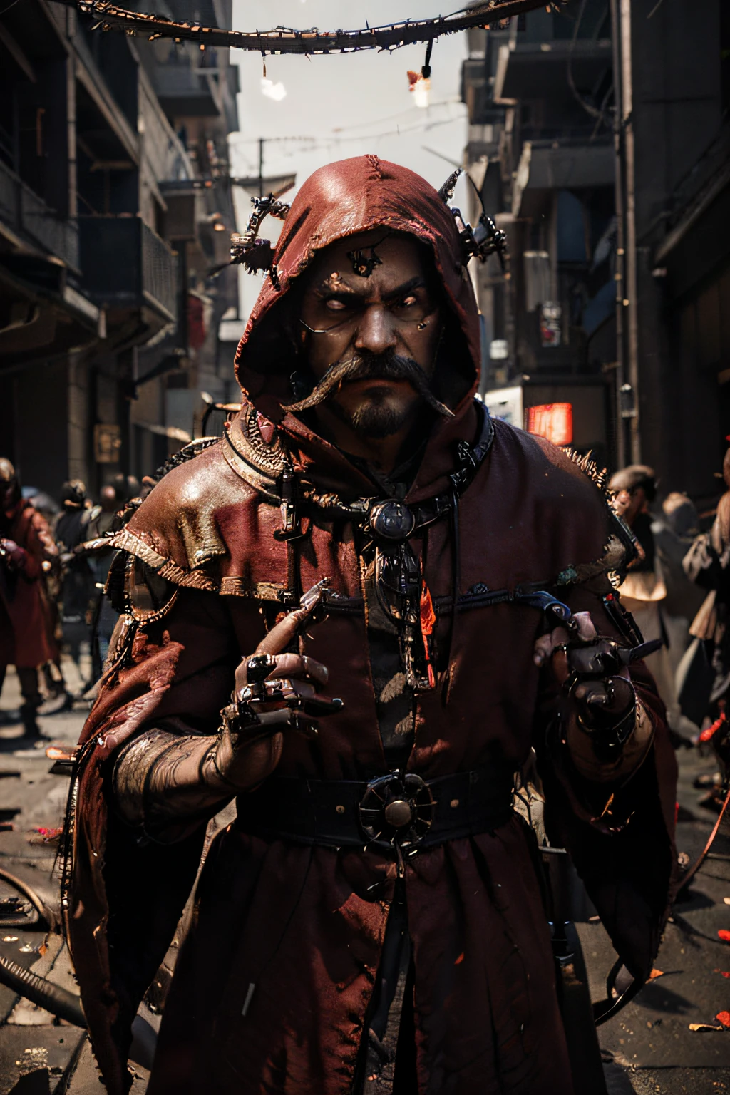 face_portrait, crude, mechanical, adult_male, Japanese, evil, sinister, mustache, mouche, glass_lens_in_right_eye, wires_through_face, wires_in_head, wires_across_head, deformed, stitches_across_face, arrogant, spiteful, dull_red_robes, dried_blood_splatters_in_robes, chaos, slaanesh, multiple_arms