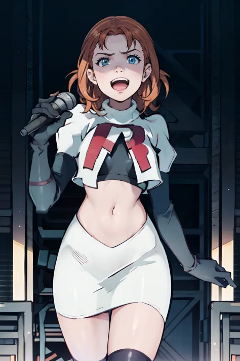 face of annette_war, 1girl,team rocket,team rocket uniform, red letter R, white skirt,white crop top,black thigh-highs,black elbow gloves, holding a microphone, looking at viewer, evil laugh, singing a song, on stage, hypno background
