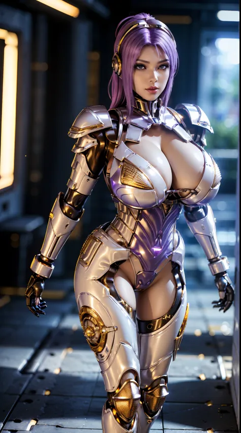 (1GIRL, SOLO), (super detailed face, red_libs), (Phoenix mecha helmet:1.2), (BIG BUTTOCKS, MUSCLE ABS, HUGE BOOBS:1.5), (MECHA GUARD ARM:1.3), ((white, purple, gold, MECHA CYBER SHINY ARMORED SUIT, CLEAVAGE, BLACK MECHA SKINTIGHT SUIT PANTS, (DIAMOND CORE ...