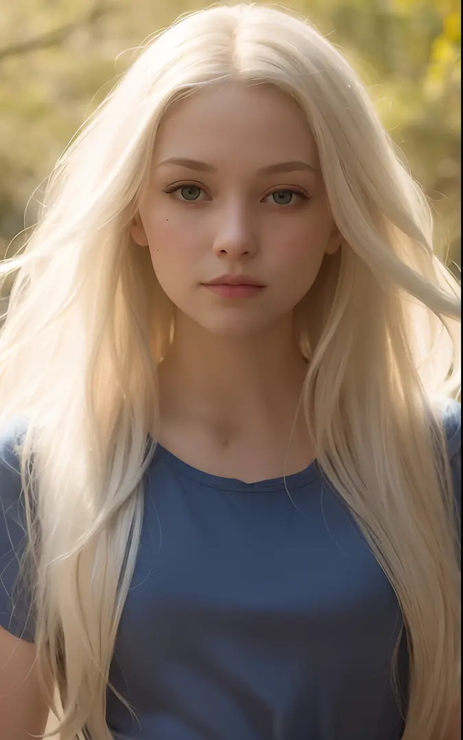 "A photorealistic portrait of a 20 year old white girl with very long white hair, very long straight hair, blue eyes, pleasant s...
