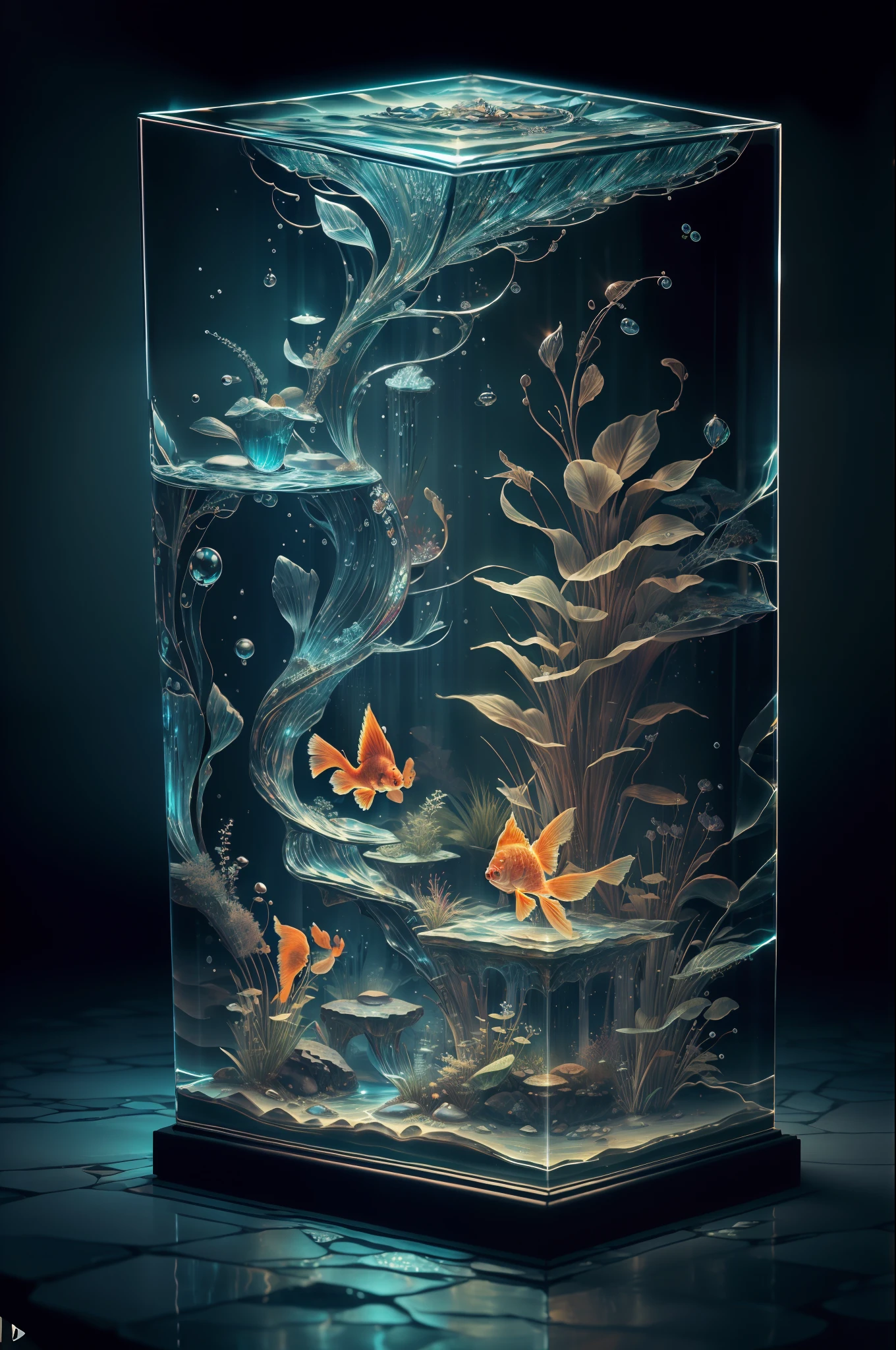 "High-quality crystal carvings with natural aquatic plants inside, goldfish, Water, brilliance, Fantasia, incredible details, ​masterpiece, top-quality, nffsw, 4K, 8K,".