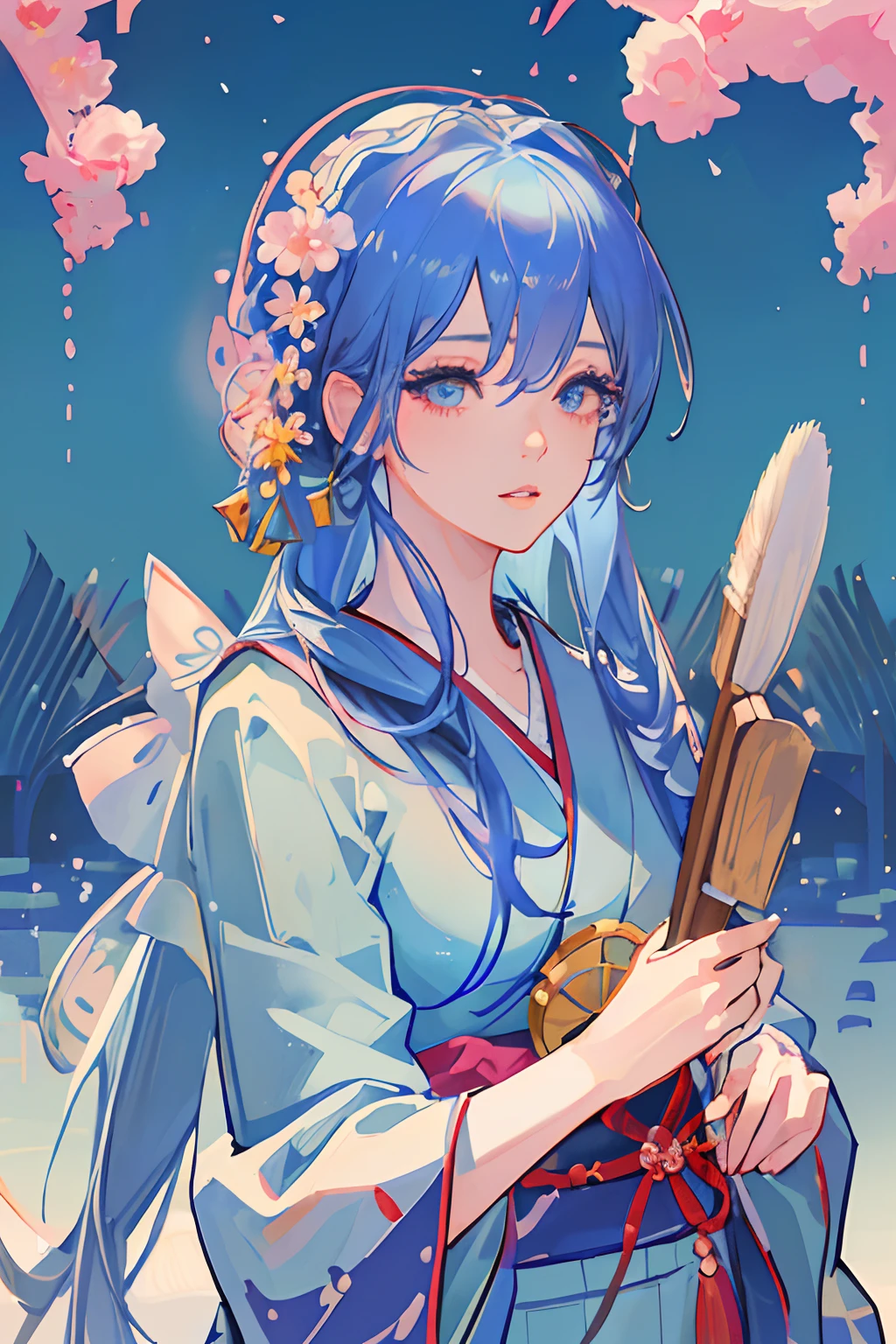 (best quality,4k,highres,masterpiece:1.2),ultra-detailed,realistic,beautiful detailed eyes,beautiful detailed lips,(long eyelashes),(long blue hair),pretty face,blue kimono,peaceful garden,sakura blossoms,serene atmosphere,vibrant colors,soft lighting,traditional japanese setting,delicate patterns,subtle brush strokes,ethereal beauty.