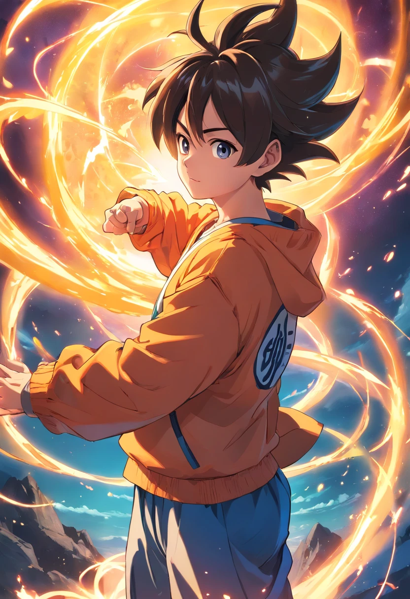 A young man in a hoodie standing in front of a spiral of fire - SeaArt AI