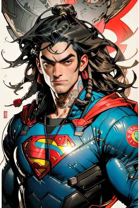 Superman with tattoos, dread hair, puffer jacket, super colourful, luminous colorization, illustration