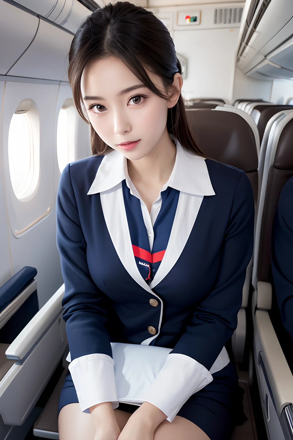 Top Quality, Masterpiece, 8K, Ultra High Definition, (Photorealistic: 1.4), 1 Girl, Beautiful Face, Symmetrical Eyes, Big, Perfect Body Proportions, Stewardess Uniform, Viewer's Look, (Inside the Airplane: 1.2), Front View, Shoulder Jump, Absolute Area (1.3),