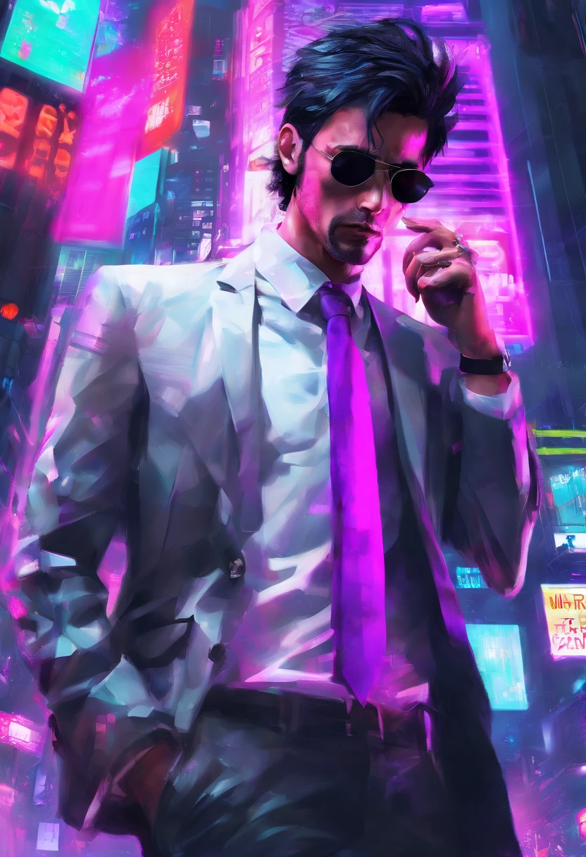 ((Skinny, lanky, normal, mid-30s, unshaven, white, ((American, pale skin, english)), male, businessman wearing a basic suit and tie)), cowboy shot, (black short shaggy hair with purple highlights), ((office background)), (highly detailed photo realistic), sharp focus, ultra high quality, vibrant, masterpiece, (cinematic lighting), ((male))