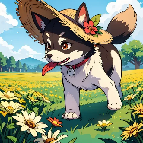 Shiba Inu wearing a straw hat, running around in flower field, holding a flower in his mouth