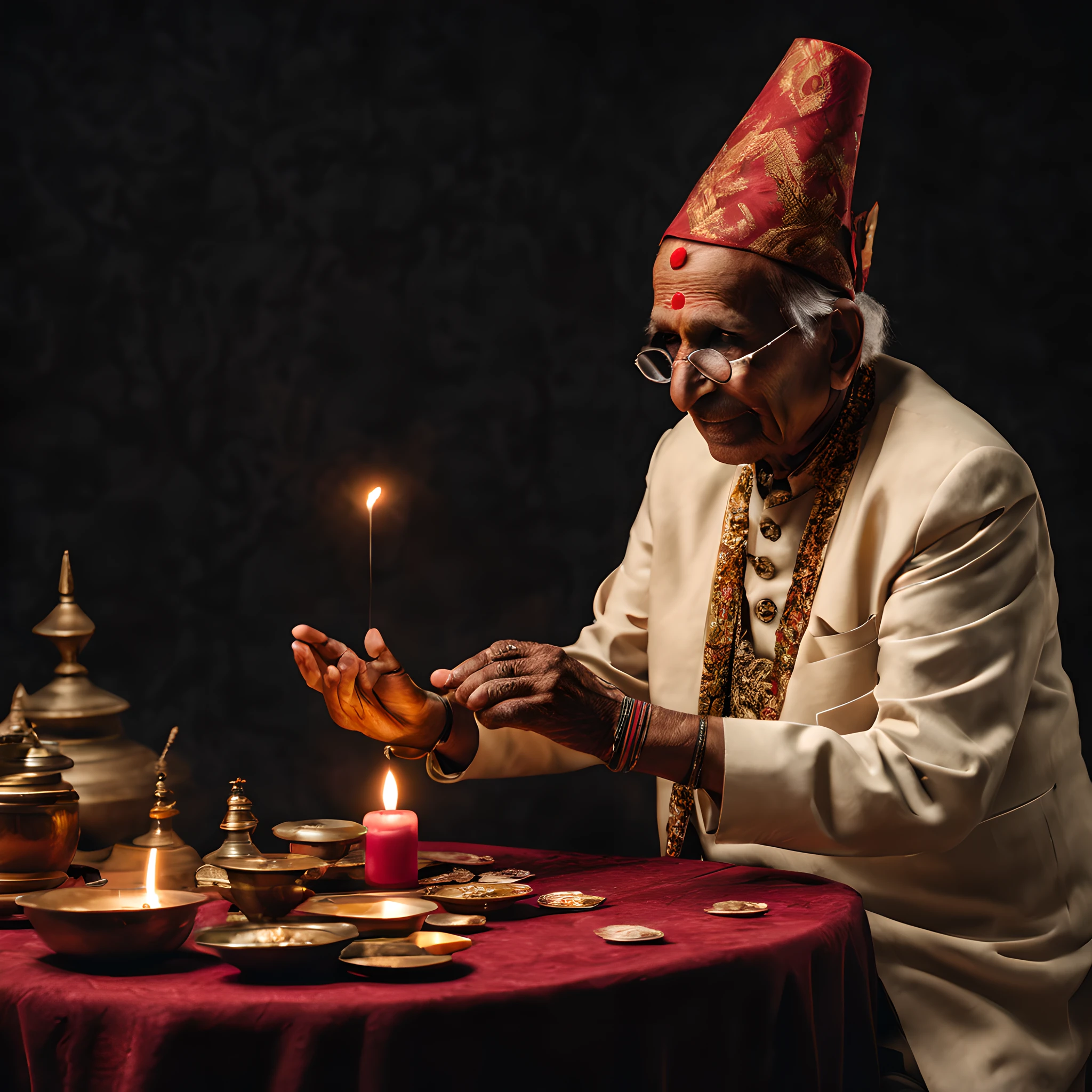 Elderly Indian Magician、Performing magic at the table、