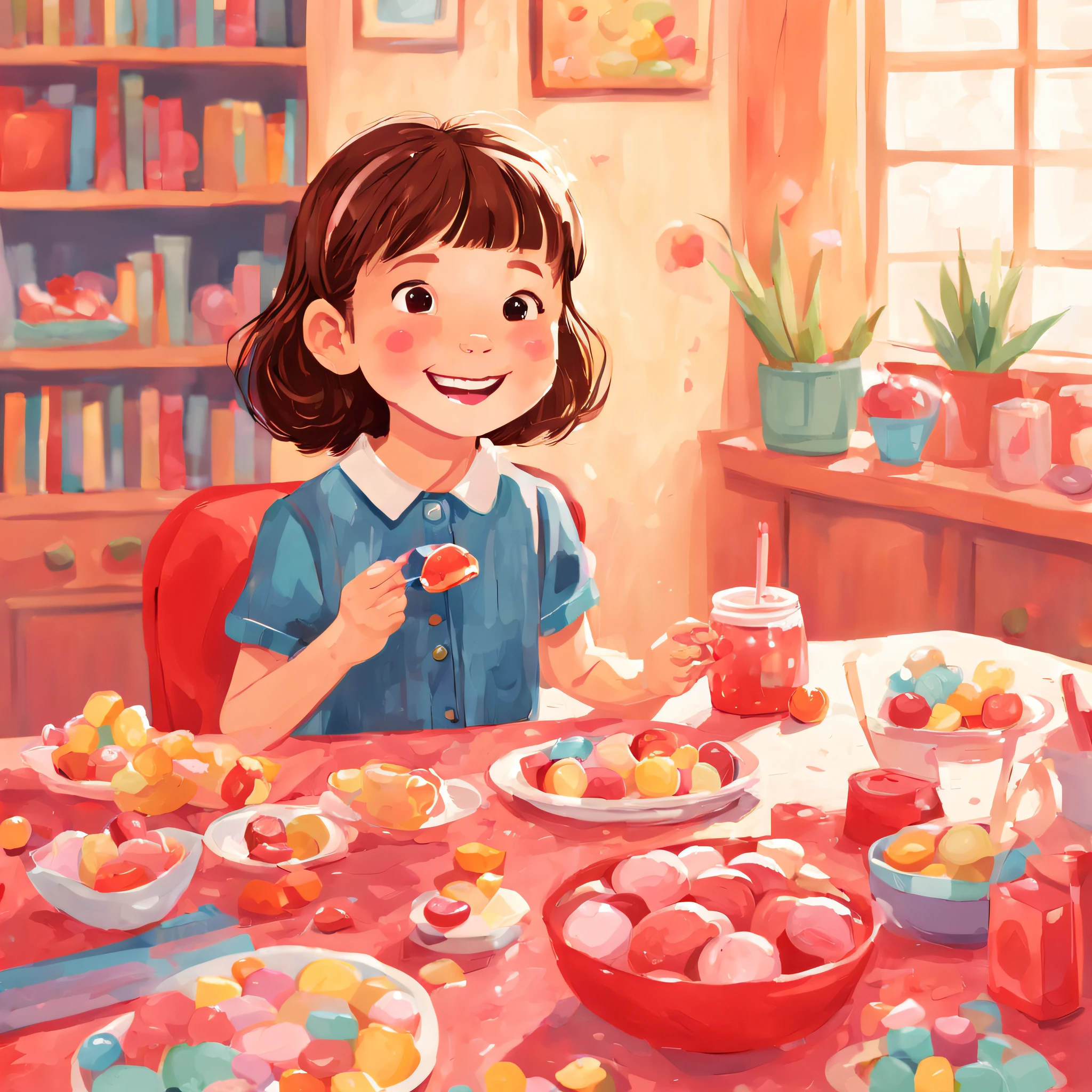 교육 아동 도서의 그림, 기본 색상 팔레트, 사탕을 먹고 있는 귀여운 8살 소녀，행복과 만족의 미소，배경은 실내，테이블 위에 과자가 잔뜩 있었어요，아동서, 어린이용 레드 모델,