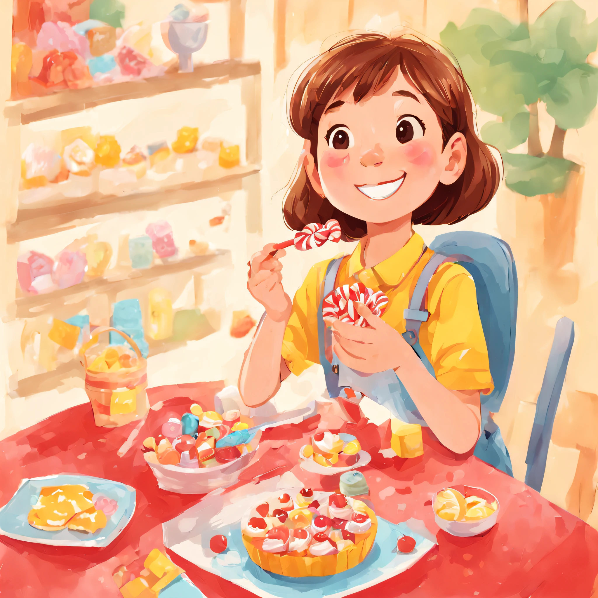 教育児童書のイラスト, 原色パレット, キャンディーを食べるかわいい 8 歳の女の子，幸せと満足の笑顔，背景は屋内です，テーブルの上にはお菓子がたくさんありました，児童書, 子供の赤いモデル,