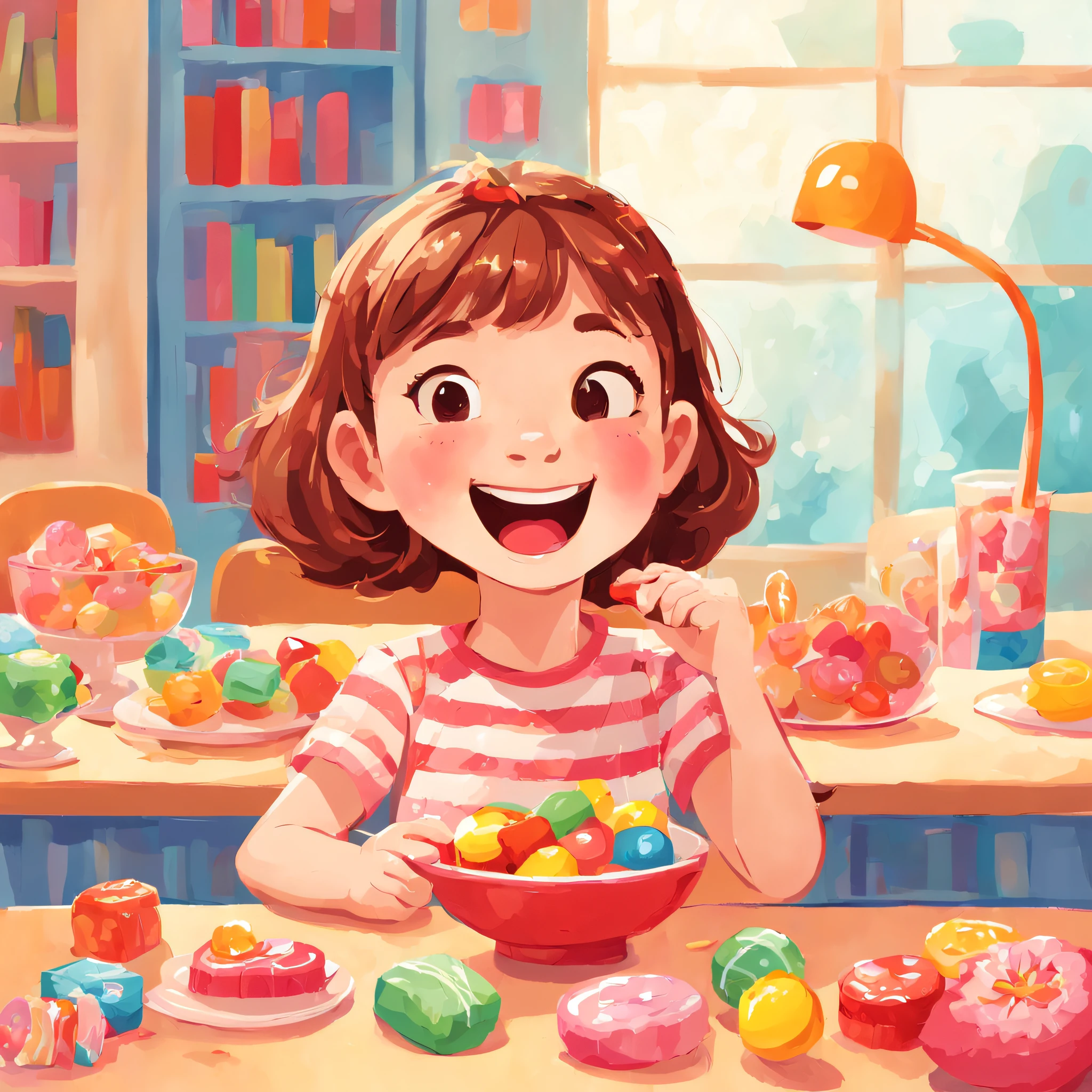 教育児童書のイラスト, 原色パレット, キャンディーを食べるかわいい 8 歳の女の子，幸せと満足の笑顔，背景は屋内です，テーブルの上にはお菓子がたくさんありました，児童書, 子供の赤いモデル,