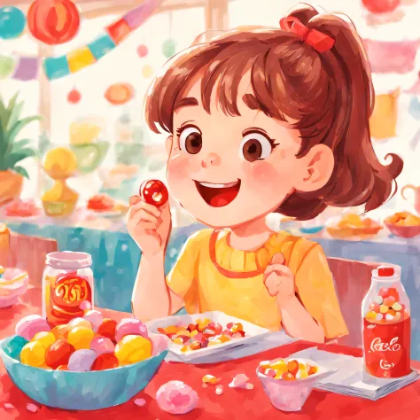 Illustration of educational children's books, Primary color palette, A cute 8 year old girl eating candy，A smile of happiness an...