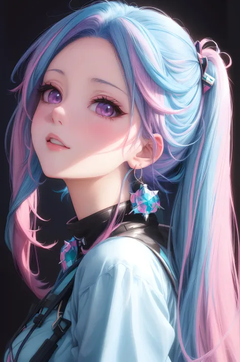 a woman with blue hair and pink hair wearing a blue top, beautiful anime portrait, stunning anime face portrait, detailed portra...