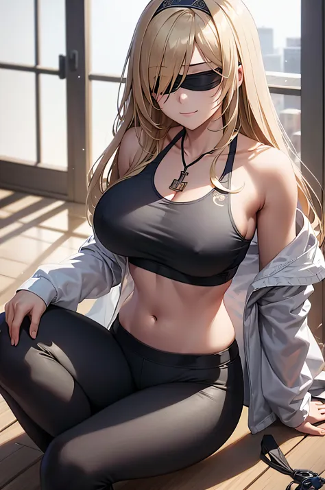 sword_maiden,blonde,blindfold,black_blindfold necklace ,masterpiece, best quality, photorealistic, yujiasuit, yoga sports bra, yoga pants, 1girl, solo, , yoga ball, pants, looking at viewer, smile, green sports bra, simple background, , midriff, long hair,...