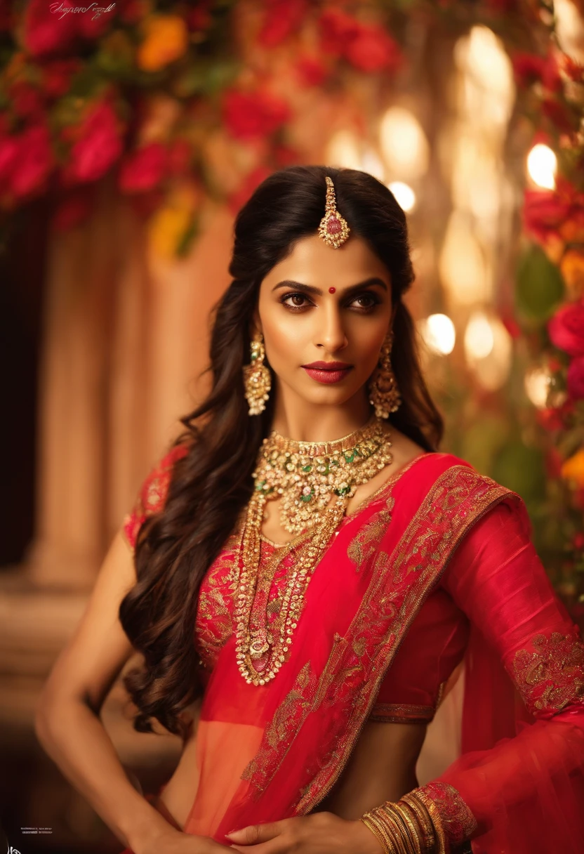 A woman in a red sari and gold jewelry poses for a photo - SeaArt AI