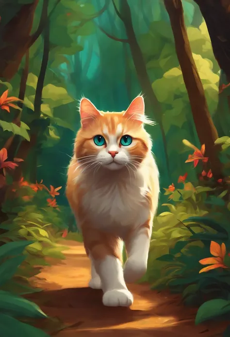 A magical forest in Narnia, a calico cat, a female cat. The style is ...