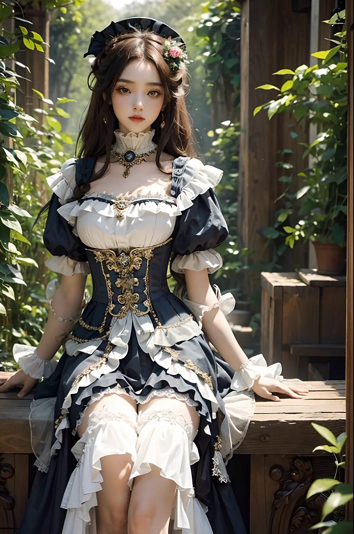 (Meisterwerk), (beste Qualität), (perfekter Körper), 1 Mädchen, atemberaubende Schönheit, schönes Mädchen, Viktorianisches ästhetisches Outfit, Langes Kleid, uralt
