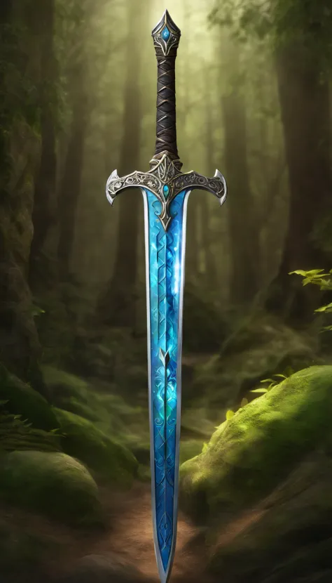 Excalibur, Manga delicada, The body of the sword is exquisite，bem decorado,（((The body of the sword is designed with a blue opal and a pattern in the form of light green particle effect..：1.3))), se, (The body of the sword is symmetrically decorated:1.3), ...