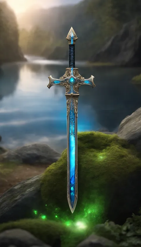 Excalibur, Manga delicada, The body of the sword is exquisite，bem decorado,（((The body of the sword is designed with a blue opal and a pattern in the form of light green particle effect..：1.3))), se, (The body of the sword is symmetrically decorated:1.3), ...
