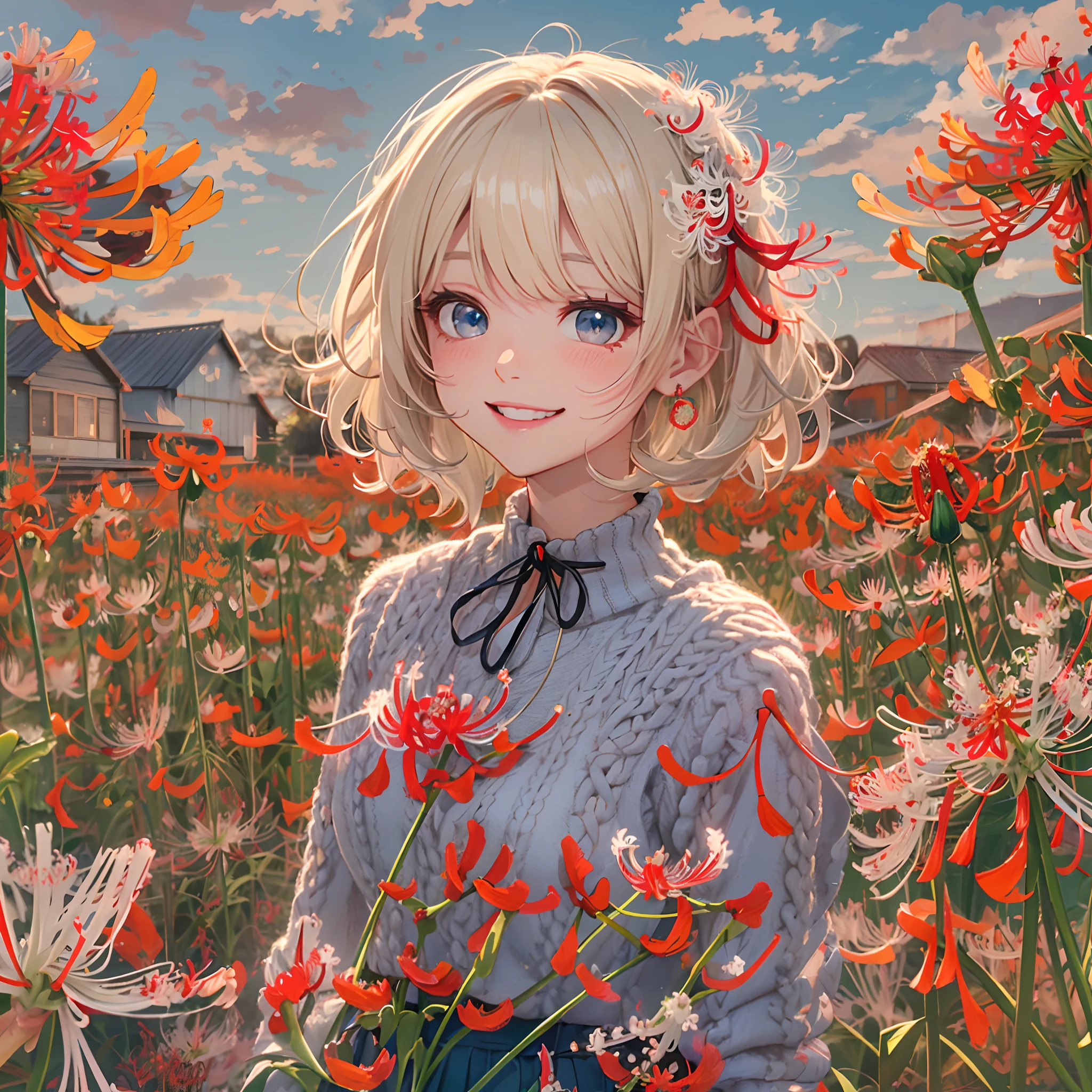 absurderes, ultra-detailliert,bright colour, extremely beautiful detailed anime face and eyes,Short hair,  Blonde hair with short twin tails, Shiny hair, Delicate beautiful face, red blush,(Little red spider lily field:1.6),(Deep Blue Eyes:1.2), White skin, hair clips, earrings, a necklace, (High neck knit:1.5),(Happy smile:1.4),(Floral long skirt:1.3),Beautiful cloud,Dusk sky,longshot