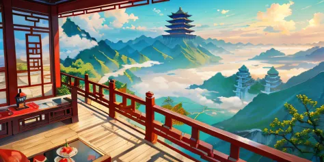 Chinese scene, The pavilion in Guangxi, China, is located above the clouds, Clouds surround, Majestic, glazed tiles, Buddha sits on the horizon, Colorful, ((Color ink)),((Splash ink)) ,((Splash ink) ink} ) ) , Masterpiece, High quality, Beautiful graphics,...
