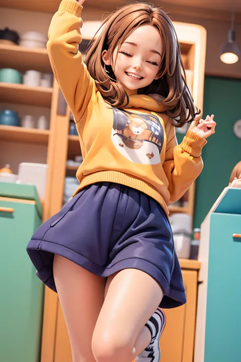 a woman has brown hair, wears sweatshirt, happy smiling with eyes closed jumping
