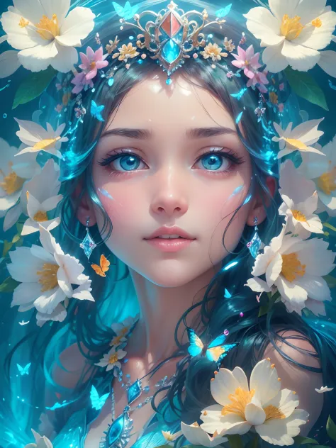 Beautiful Orange Blossom Princess, Arnouveau style, symmetrically, fondness, sunlight rays, airiness, grace, Floral ornament, chiffon, Silk, Correct eye proportions, expressive eyes, long eyelashes, plump wet lips, Texture skins for the face, A lot of air,...