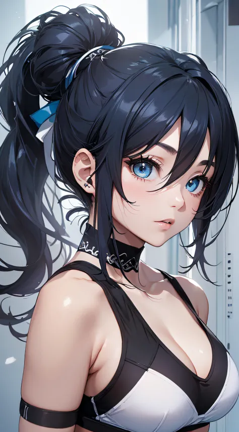 top-quality、Top image quality、​masterpiece、girl with((cute little、18year old、Best Bust、Medium bust、Bust 85,Beautiful blue eyes、Breasts wide open,Ponytail with black hair、A slender、Blue hair mesh、black bandana、Red Sports Bra、Black karate doshi、fighting pose...